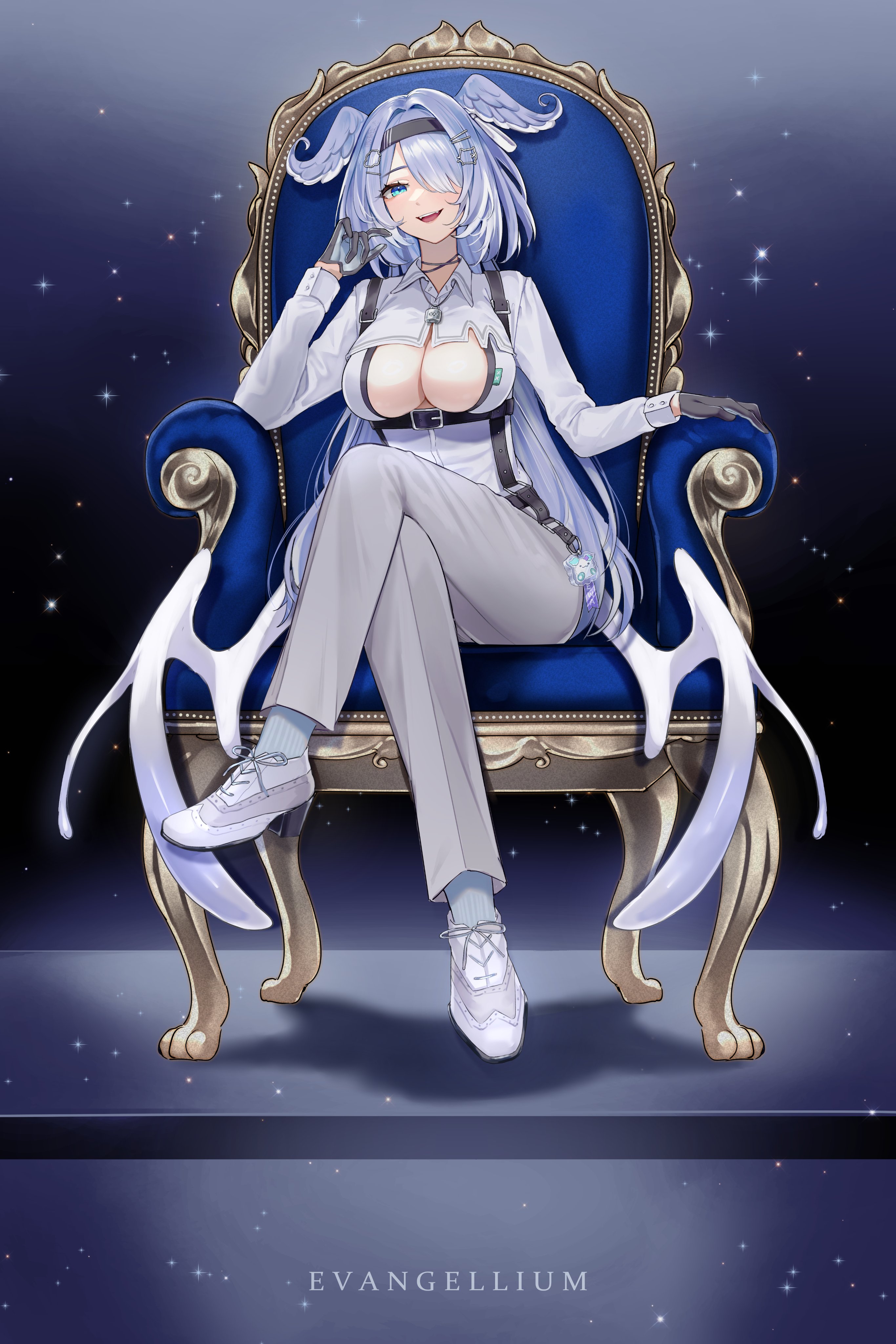 1girl absurdres alternate_costume blue_eyes blue_hair breasts cleavage elira_pendora elira_pendora_(4th_costume) evangellium fangs full_body hair_intakes hair_over_one_eye head_wings headband highres large_breasts nijisanji nijisanji_en official_alternate_costume sitting solo sparkle virtual_youtuber wings