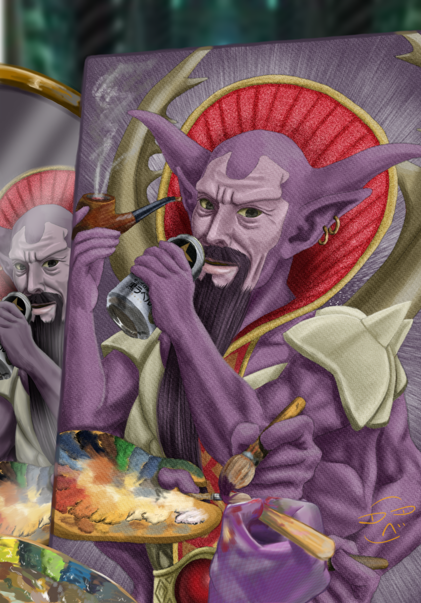 1boy alcohol armor beard beer beer_can belt black_eyes black_facial_hair blurry blurry_background can colored_sclera colored_skin commentary_request demon_boy dragon_quest dragon_quest_x drink_can earrings extra_arms facial_hair gem gold_earrings holding holding_can holding_paint_palette holding_paintbrush holding_smoking_pipe hoop_earrings horns jewelry looking_at_object looking_at_viewer maldragora male_focus mirror monster_boy multiple_views muscular muscular_male paint_palette paintbrush painting_(action) painting_(object) pauldrons pointy_ears pov purple_horns purple_skin red_gemstone shoulder_armor smoking_pipe solo tokurikibebeso wrinkled_skin yellow_sclera