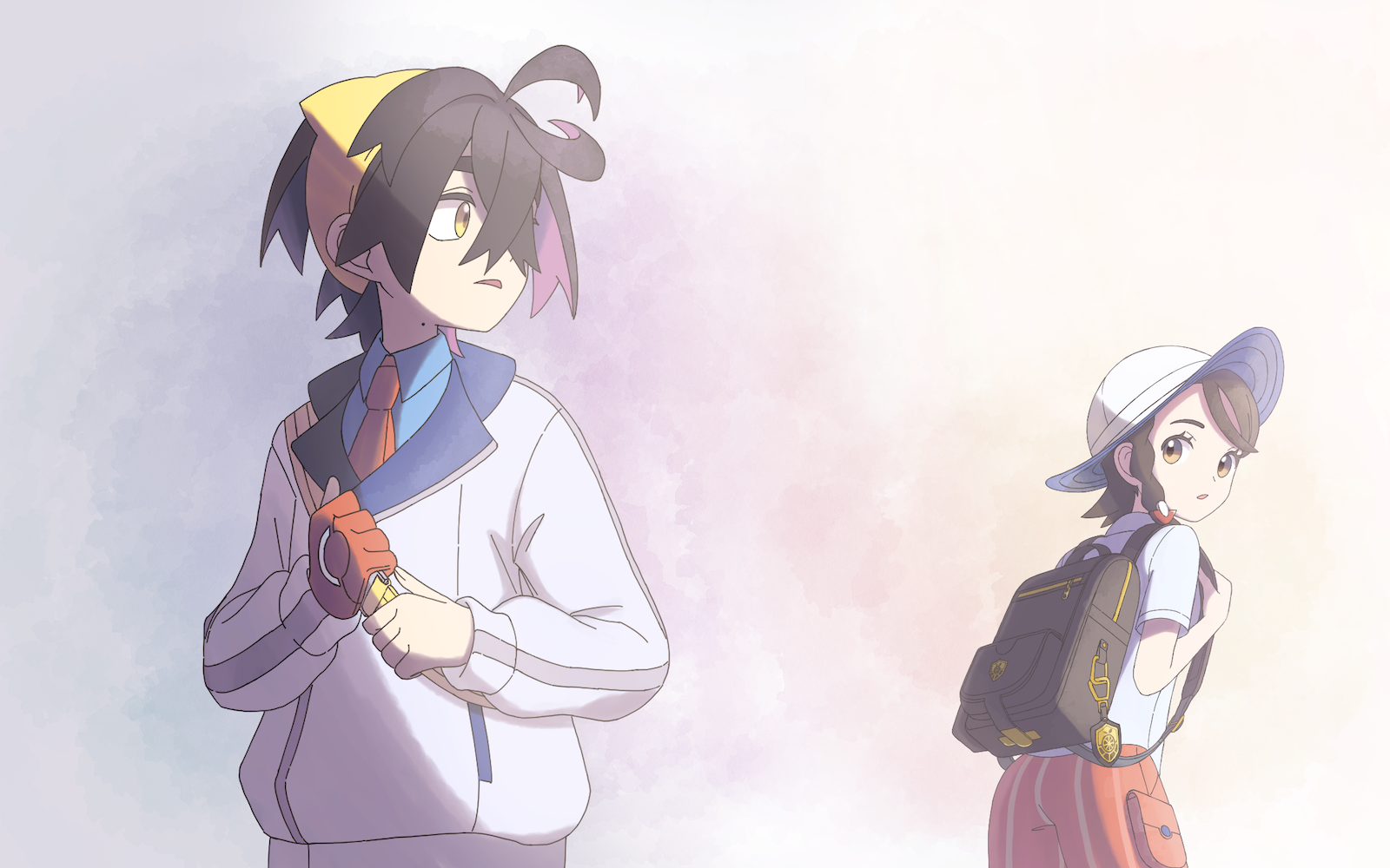 1boy 1girl :o backpack bag black_hair blue_shirt brown_eyes brown_hair collared_shirt colored_inner_hair commentary_request eyelashes hairband hat highres holding_strap jacket juliana_(pokemon) kieran_(pokemon) looking_back mole mole_on_neck multicolored_hair necktie nintendo open_mouth orange_shorts pokemon pokemon_sv school_uniform shirt short_sleeves shorts suimoku_(hzdg5322) white_hat white_jacket yellow_eyes yellow_hairband