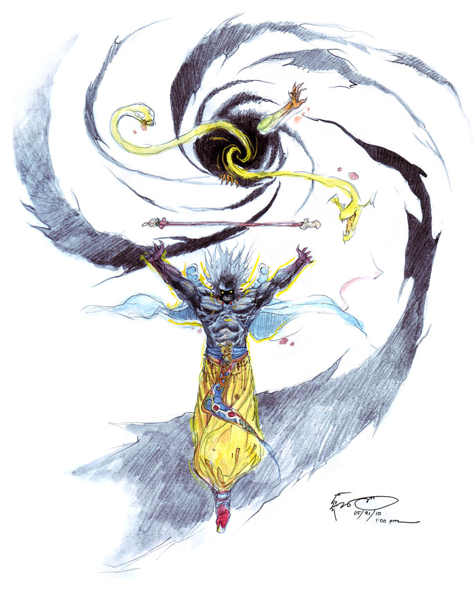 1boy arms_up aura baggy_pants black_skin blue_cape cape claws clenched_teeth cloud_of_darkness colored_extremities colored_skin crossed_legs darkness dominic_ian_cabatit final_fantasy final_fantasy_iii floating_cape floating_staff full_body grey_hair hands_up harem_pants high_collar jewelry mage_staff magic male_focus multicolored_skin muscular muscular_male necklace pants pelvic_curtain pointy_footwear red_hands red_skin solid_circle_eyes solo standing summoning swirl teeth tentacles topless_male two-tone_skin watson_cross xande yellow_eyes yellow_pants