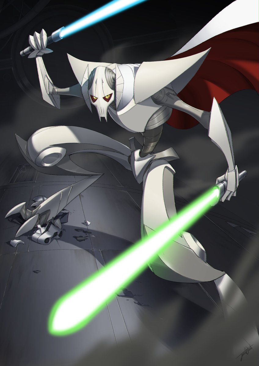 1boy alien billowing_cape cape commentary dual_wielding energy_sword english_commentary general_grievous highres holding holding_sword holding_weapon hunched_over jeetdoh lightsaber looking_up male_focus solo star_wars star_wars:_clone_wars sword weapon yellow_eyes