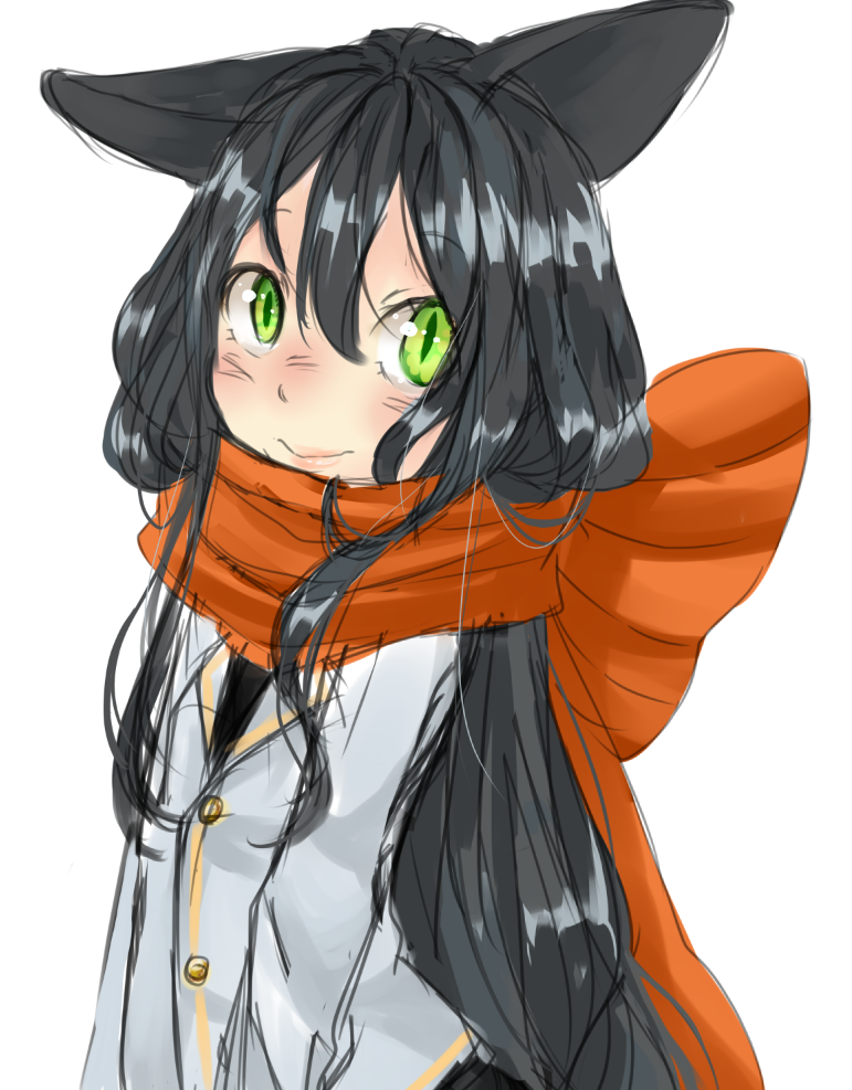 1girl animal_ears arms_behind_back blazer blush cat_ears cat_girl closed_mouth commentary_request genetic_(ragnarok_online) green_eyes jacket long_hair looking_at_viewer meiko_(nattu303) official_alternate_costume orange_scarf ragnarok_online scarf simple_background slit_pupils smile solo upper_body white_background white_jacket