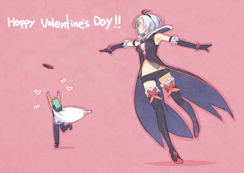 00s 1boy 1girl eas_(fresh_precure!) elbow_gloves fresh_precure! gloves happy_valentine higashi_setsuna kuroboshi_kouhaku nishi_hayato pink_background precure short_hair shorts silver_hair thighhighs valentine wester wester_(fresh_precure!)