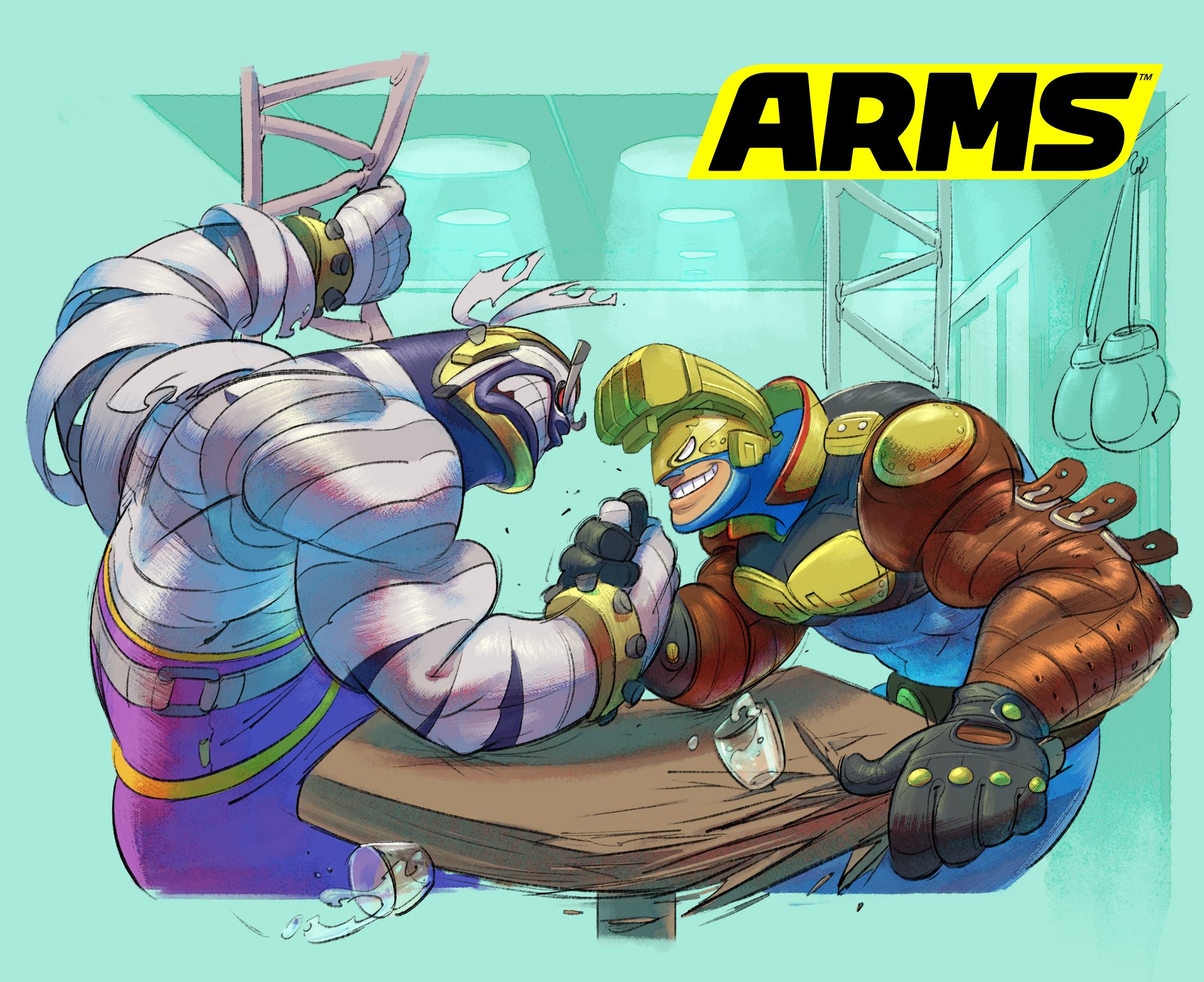 2boys aqua_background arm_wrestling arms_(game) biceps black_gloves bodysuit boxing_gloves clenched_teeth gloves grin helmet highres logo master_mummy_(arms) max_brass monster_boy multiple_boys mummy nintendo no_pupils official_art simple_background smile table teeth wrestling_outfit yamamoto_yuu