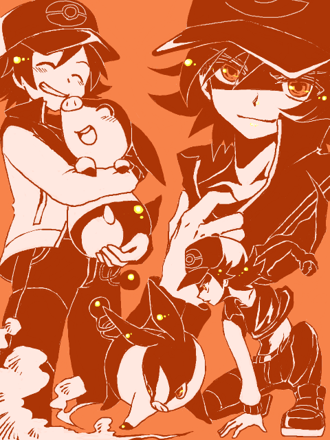 10s 1boy baseball_cap gen_5_pokemon hat hilbert_(pokemon) mariemon nintendo pokemon pokemon_(creature) pokemon_bw red_background tegaki tepig