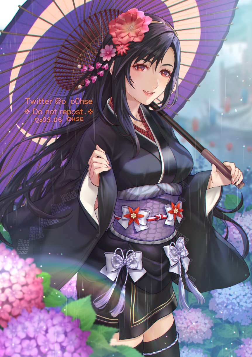 1girl black_hair black_kimono black_thighhighs blurry blurry_background bow breasts commentary cowboy_shot dated final_fantasy final_fantasy_vii final_fantasy_vii_remake flower hair_flower hair_ornament highres holding holding_umbrella japanese_clothes kimono large_breasts light_blush long_hair long_sleeves looking_at_viewer obi official_alternate_costume ohse oil-paper_umbrella outdoors parted_lips pink_flower pink_nails purple_flower rain rainbow red_eyes sash short_kimono smile solo swept_bangs symbol-only_commentary thighhighs tifa_lockhart tifa_lockhart_(exotic_dress) twitter_username umbrella wide_sleeves zettai_ryouiki