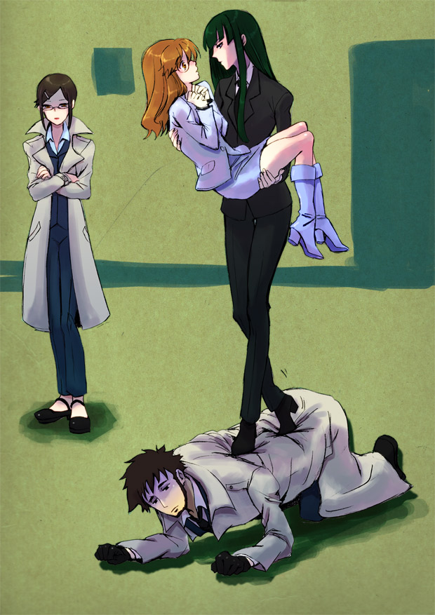1boy 3girls all_fours bad_id bad_pixiv_id beard boots brown_hair carrying coat couple crossed_arms darker_than_black eye_contact facial_hair formal_clothes glasses gloves green_hair hazuki_mina_(darker_than_black) kesho kirihara_misaki knee_boots long_hair looking_at_another mary_janes multiple_girls necktie orange_eyes own_hands_together pant_suit pants princess_carry profile sawasaki_youko shizume_genma shoes standing stepped_on suit walking yuri