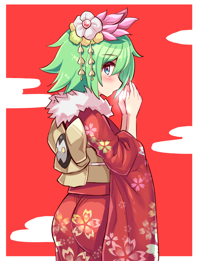 1girl 2025 alternate_costume ass azure_striker_gunvolt azure_striker_gunvolt_2 blue_eyes blush cougar_(cougar1404) flower from_behind green_hair hair_flower hair_ornament japanese_clothes kimono looking_at_viewer open_mouth roro_(gunvolt) short_hair solo yukata