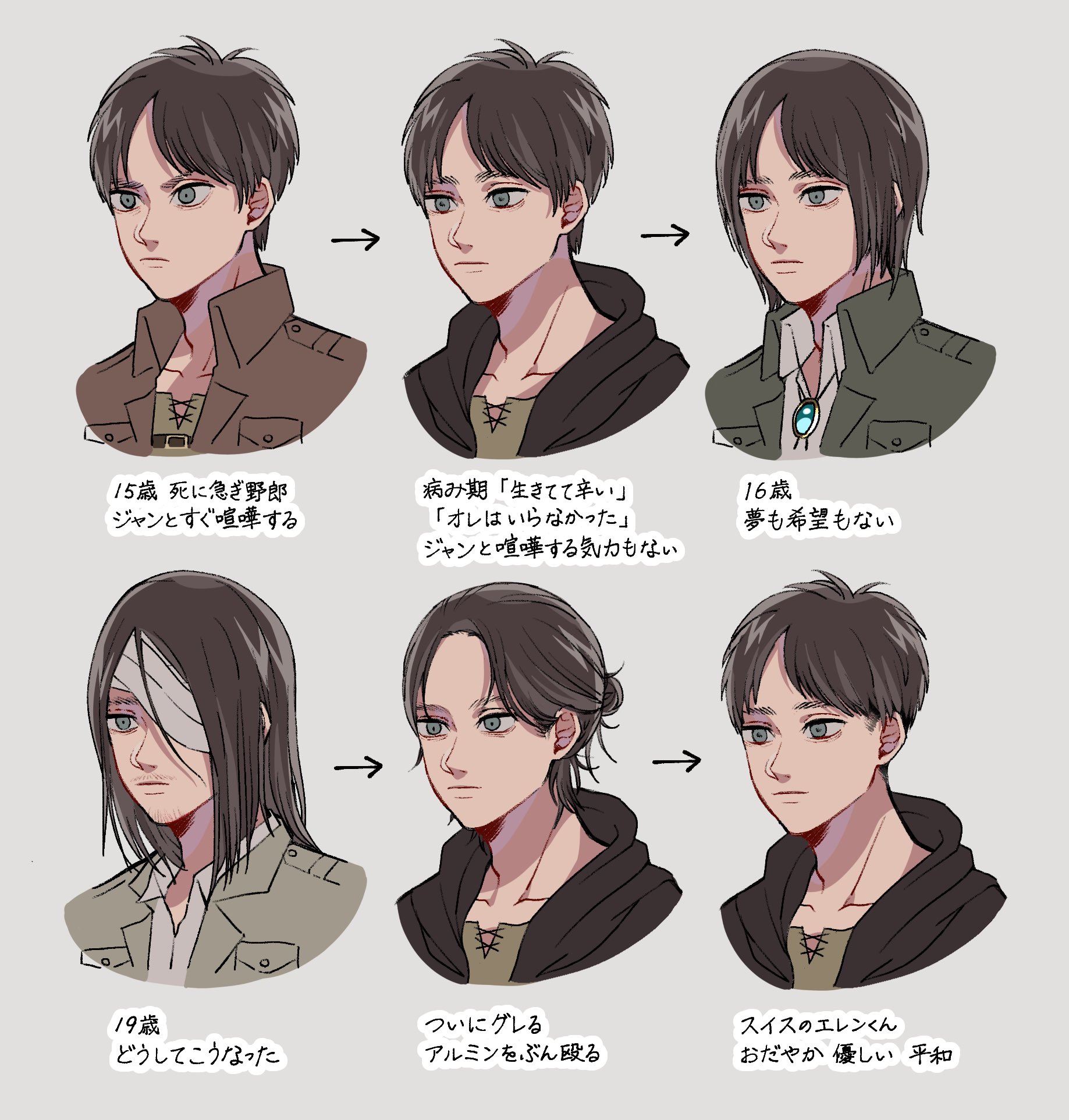 1boy age_progression bandage_over_one_eye brown_hair brown_jacket eren_yeager facial_hair green_eyes green_jacket hair_bun highres jacket llq9ull male_focus medium_hair shingeki_no_kyojin single_hair_bun stubble translation_request