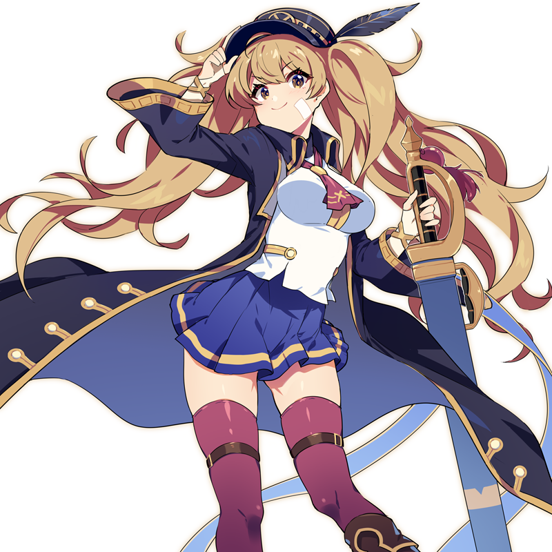 blouse granblue_fantasy hat hat_feather hat_tip monika_weisswind peaked_cap sharlorc shirt tagme thighhighs thighs white_background white_shirt