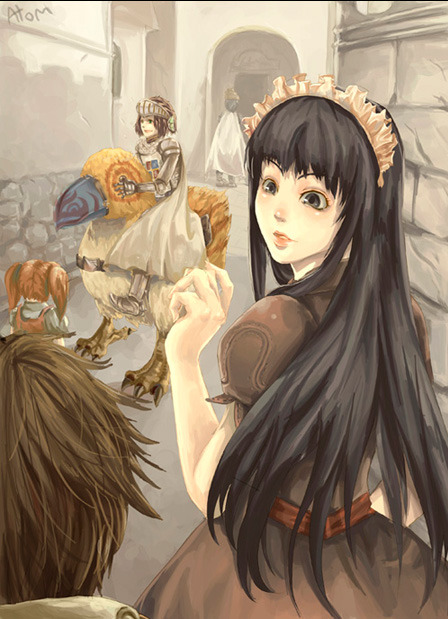 2girls 3boys alley bird black_eyes black_hair blacksmith_(ragnarok_online) brown_dress brown_hair cape dress jasmine_(ragnarok_online) kafra_uniform knight_(ragnarok_online) lips long_hair looking_at_another looking_to_the_side maid maid_headdress multiple_boys multiple_girls novice_(ragnarok_online) outdoors peco_peco puffy_short_sleeves puffy_sleeves ragnarok_online rakuda69 riding riding_bird short_hair short_sleeves third-party_source twintails upper_body visor_(armor) white_cape