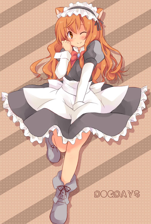 10s 1girl altorealize animal_ears blush boots brown_eyes brown_hair dog_days dog_ears dog_girl female_focus long_hair maid maid_headdress one_eye_closed ricotta_elmar smile solo wink