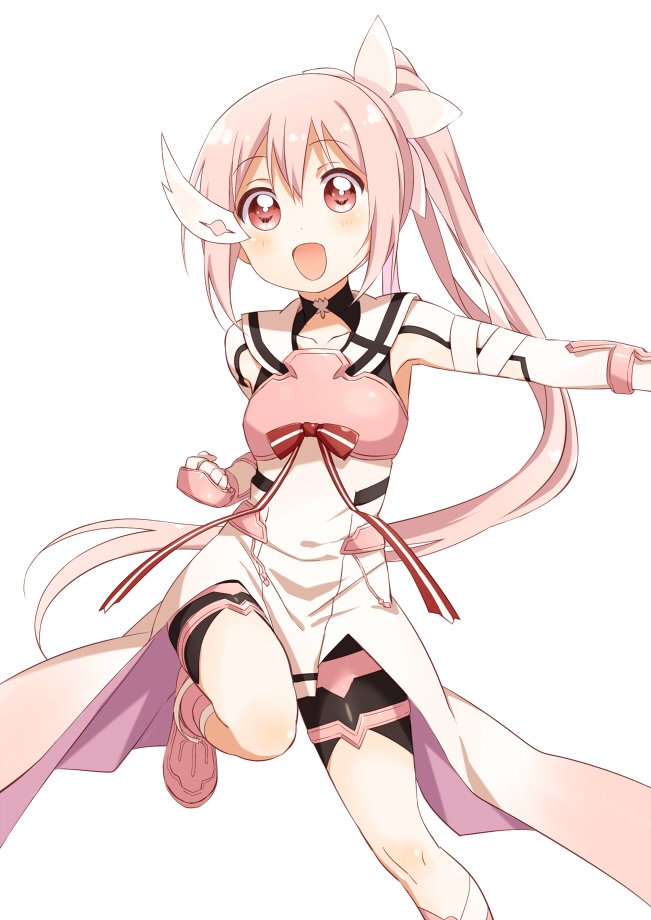1girl :d armor black_shorts boots clenched_hand commentary dress gauntlets hair_ornament leg_up long_dress long_hair looking_at_viewer open_mouth pink_boots pink_dress pink_eyes pink_hair shikou_sakugo_(qqap9gt9k) shorts shorts_under_dress side_ponytail simple_background smile solo standing standing_on_one_leg white_background yuuki_yuuna yuuki_yuuna_wa_yuusha_de_aru yuusha_de_aru