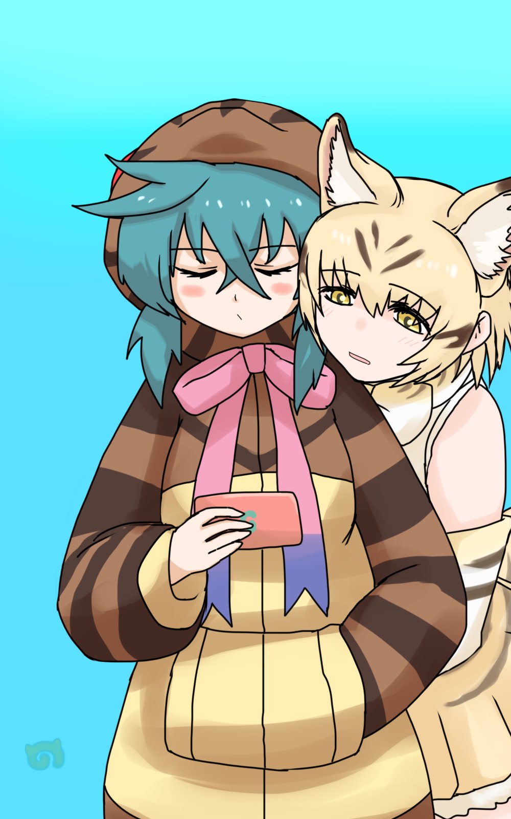 2girls animal_ears animal_print aqua_hair bare_shoulders blonde_hair blush bow bowtie cat_ears elbow_gloves gloves gradient_neck_ribbon gradient_ribbon hair_between_eyes hands_in_pockets highres hood hood_up hoodie kemono_friends kusamogura long_sleeves looking_at_viewer multicolored_hair multiple_girls neck_ribbon open_mouth pink_ribbon print_bow print_bowtie ribbon sand_cat_(kemono_friends) shirt short_hair skirt sleeveless snake_print snake_tail striped_clothes striped_hoodie striped_tail tail tsuchinoko_(kemono_friends) yellow_eyes yuri