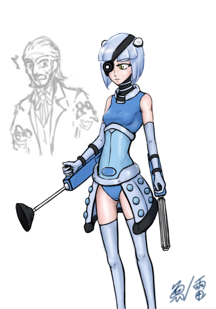1girl blue_hair broken_torpedo dalek doctor_who eyepatch first_doctor personification short_hair simple_background thighhighs