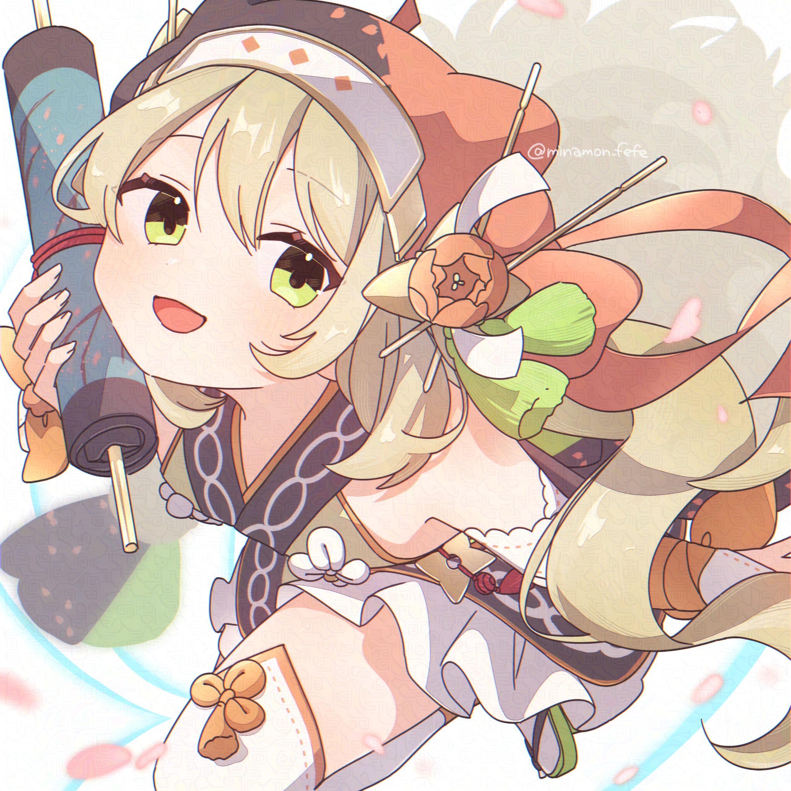 1girl absurdres blonde_hair celine_(fire_emblem) celine_(ninja)_(fire_emblem) detached_sleeves fire_emblem fire_emblem_engage fire_emblem_heroes green_eyes hair_between_eyes highres holding holding_scroll long_hair looking_at_viewer nintendo official_alternate_costume open_mouth scroll skirt solo sorane_amus thighhighs twitter_username white_skirt white_thighhighs