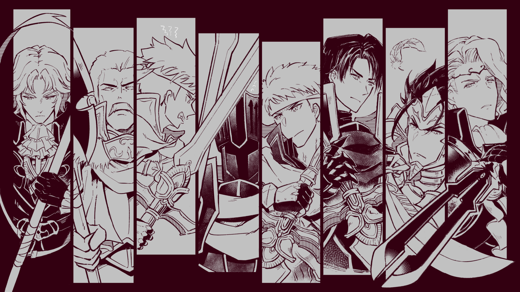 6+boys alondite armor black_knight_(fire_emblem) camus_(fire_emblem) cape commentary_request dual_persona eifilet facial_hair feathers fire_emblem fire_emblem:_new_mystery_of_the_emblem fire_emblem:_path_of_radiance fire_emblem:_radiant_dawn fire_emblem:_shadow_dragon fire_emblem_fates gradivus hardin_(dark_emperor)_(fire_emblem) hardin_(fire_emblem) headband helmet highres holding holding_polearm holding_sword holding_weapon ike_(fire_emblem) ike_(vanguard_legend)_(fire_emblem) male_focus monochrome multiple_boys mustache nintendo polearm ragnell raijinto_(fire_emblem) ryoma_(fire_emblem) short_hair siegfried_(sword) spoilers sword twitter_username upper_body weapon xander_(fire_emblem) zelgius_(fire_emblem)