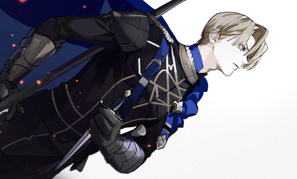 1boy arm_up armor armored_gloves belt black_gloves black_pants black_shirt blonde_hair blue_belt blue_cape blue_eyes cape chest_strap clenched_hand closed_mouth cowboy_shot dagger dimitri_alexandre_blaiddyd dutch_angle fire_emblem fire_emblem:_three_houses garreg_mach_monastery_uniform gauntlets gloves gold_trim hair_between_eyes holding holding_dagger holding_knife holding_polearm holding_weapon knife male_focus nineo nintendo pants pauldrons polearm rerebrace shirt shoulder_armor side_cape simple_background single_pauldron solo weapon white_background