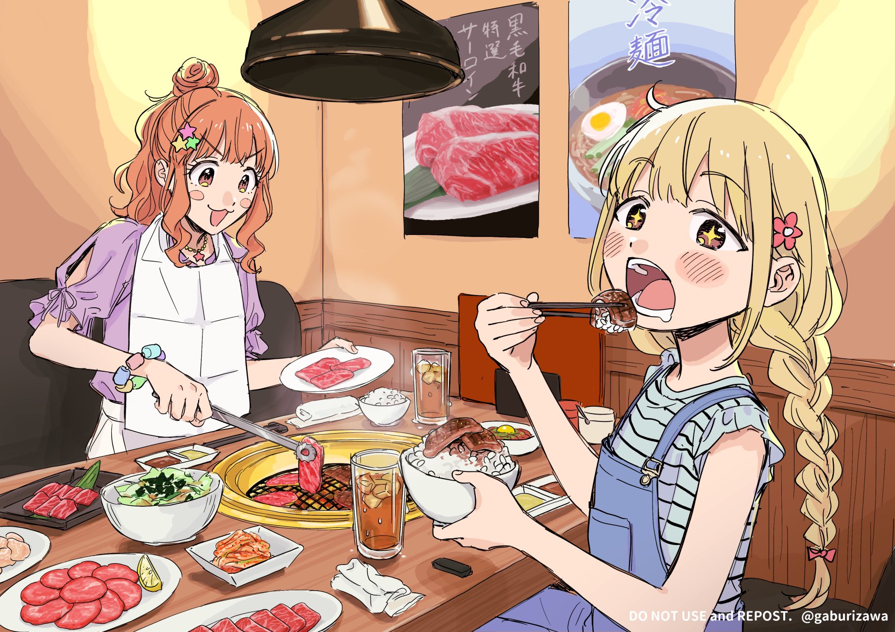 2girls :3 blonde_hair bowl braid brown_eyes chopsticks commentary_request cooking eating food futaba_anzu gaburizawa griddle grill grilling hair_bun hair_ornament highres holding holding_chopsticks holding_plate idolmaster idolmaster_cinderella_girls long_hair looking_at_viewer low_twin_braids low_twintails meat moroboshi_kirari multiple_girls open_mouth orange_hair overalls plate poster_(object) restaurant rice_bowl single_hair_bun star_(symbol) star_hair_ornament tongs twin_braids twintails yakiniku