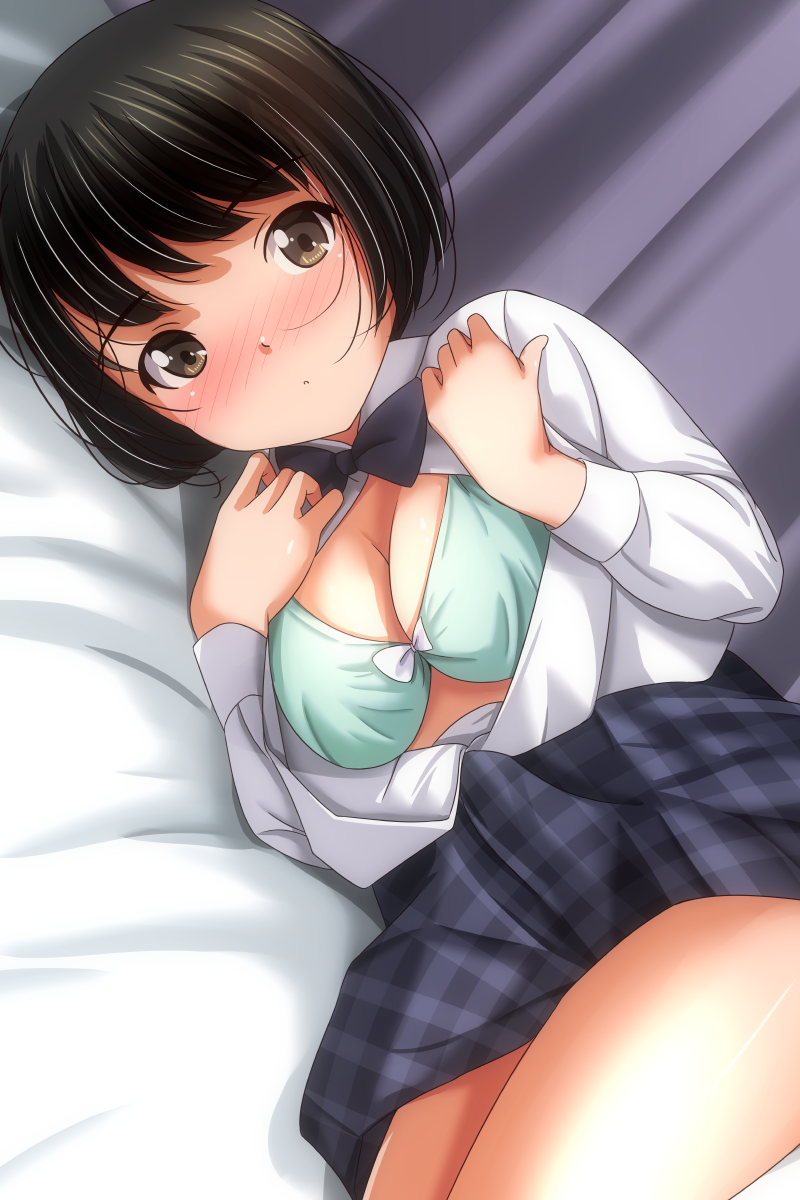 1girl bed black_bow black_bowtie black_hair black_skirt blush bow bow_bra bowtie bra breasts brown_eyes cleavage curtains green_bra highres large_breasts long_sleeves looking_at_viewer lying matsunaga_kouyou on_bed open_clothes open_mouth open_shirt original plaid_clothes plaid_skirt school_uniform shirt short_hair skirt underwear white_bow white_shirt
