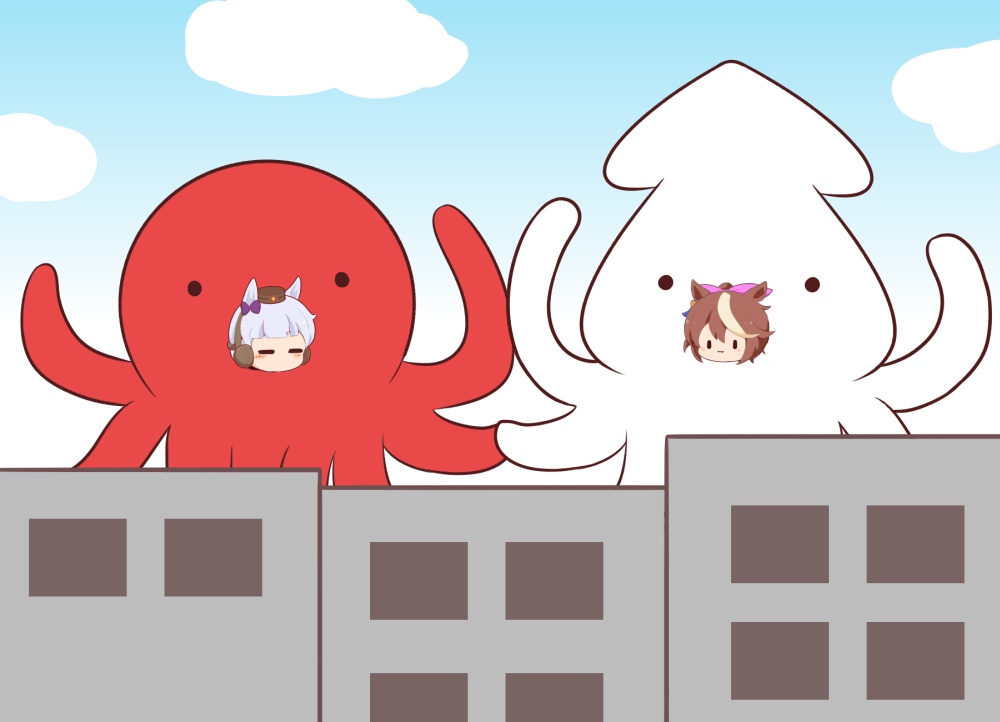 ._. 2girls :3 animal_costume blue_sky blush_stickers bow brown_hair brown_hat building closed_eyes closed_mouth cloud commentary_request day ear_bow ear_covers gold_ship_(umamusume) gomashio_(goma_feet) grey_hair hair_between_eyes hair_ribbon hat mini_hat multicolored_hair multiple_girls octopus_costume outdoors pink_ribbon ponytail purple_bow ribbon sky squid_costume streaked_hair tokai_teio_(umamusume) umamusume white_hair |_|