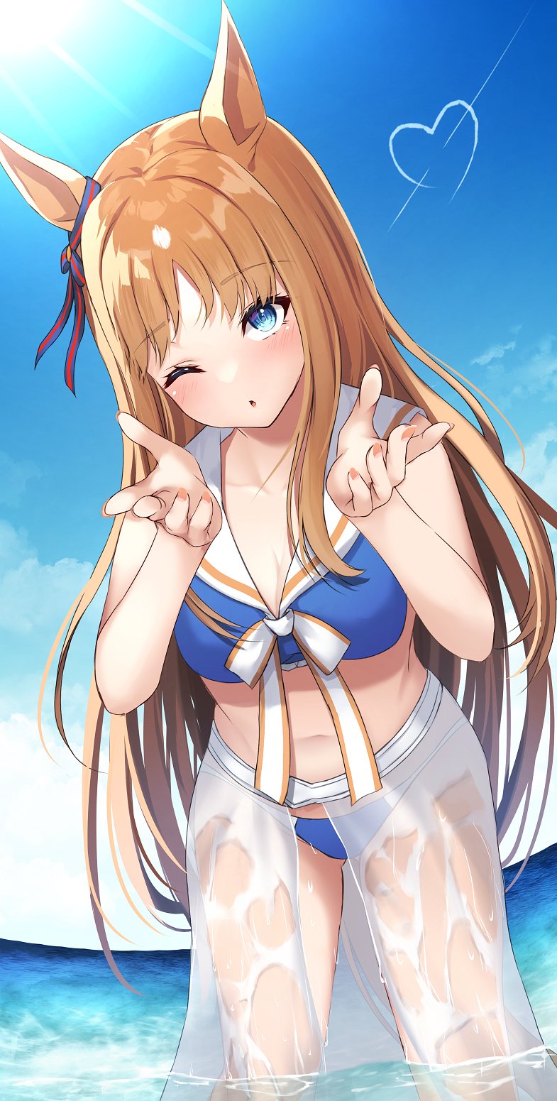 1girl animal_ears bikini blowing_kiss blue_bikini blue_eyes blush breasts brown_hair cloud commentary_request contrail day grass_wonder_(umamusume) hands_up heart highres horse_ears leaning_forward long_hair looking_at_another looking_at_viewer merxkialis ocean one_eye_closed outdoors sailor_collar see-through_clothes see-through_skirt skirt small_breasts solo standing sun swimsuit umamusume wading water white_skirt