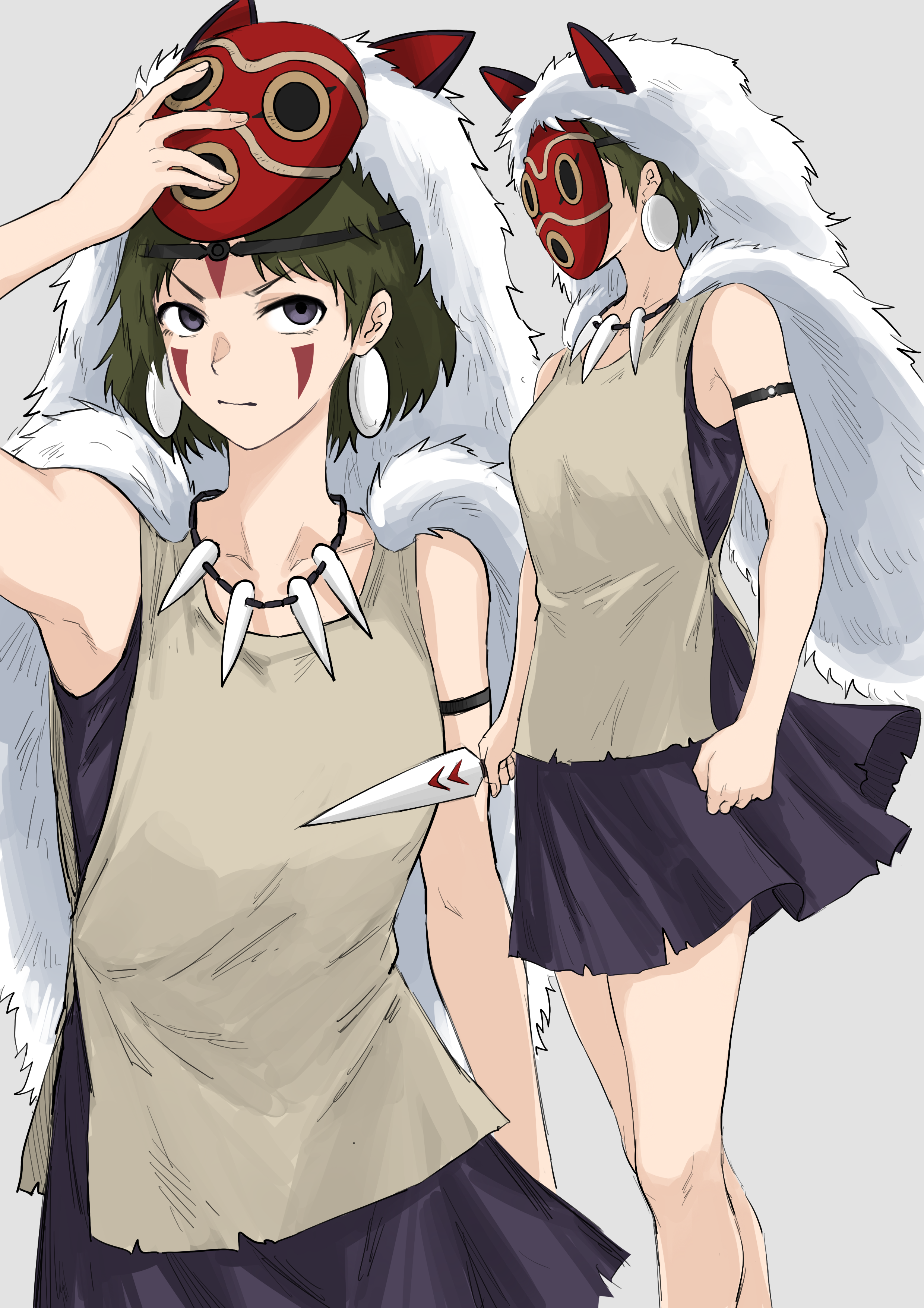 1girl absurdres bare_arms cape commentary_request dagger dress facepaint facial_mark fuku_(fuku12290574) fur_cape green_hair grey_background headband highres holding holding_dagger holding_knife holding_weapon jewelry knife looking_at_viewer mononoke_hime multiple_views necklace partial_commentary purple_dress purple_eyes san_(mononoke_hime) short_hair simple_background solo tooth_necklace weapon
