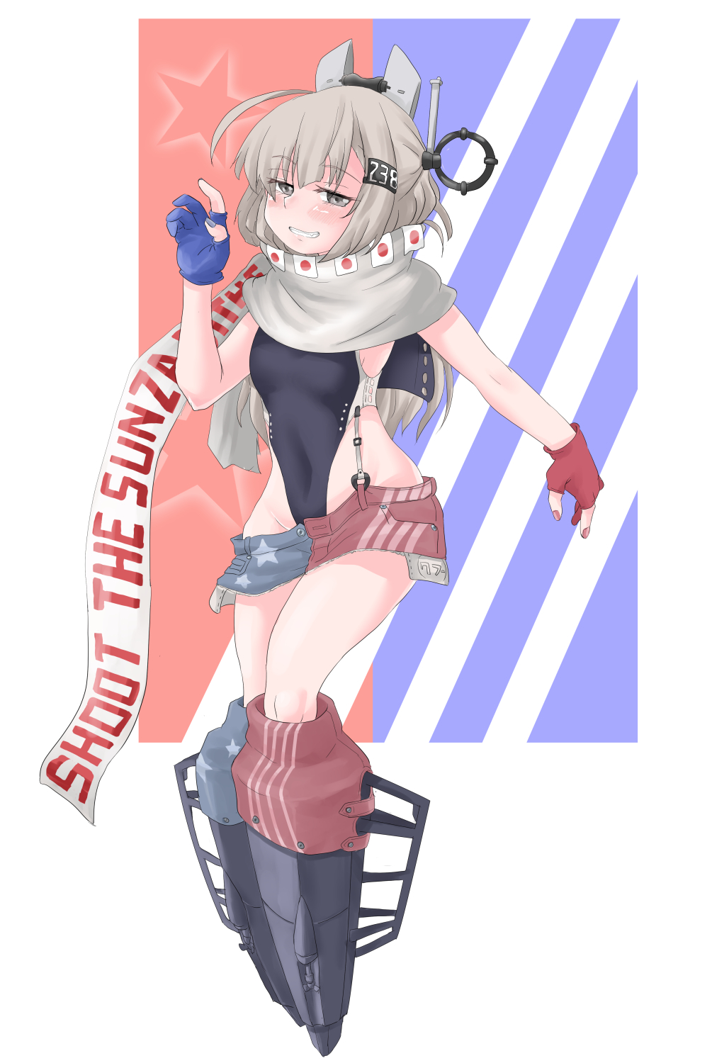 1girl american_flag american_flag_print american_flag_skirt black_one-piece_swimsuit bobabo covered_navel denim denim_skirt flag_background flag_print gloves grey_eyes grey_hair grin hair_ornament headgear highleg highleg_one-piece_swimsuit highres japanese_flag kantai_collection kill_markings long_hair looking_at_viewer one-piece_swimsuit partially_fingerless_gloves print_skirt profanity red_nails rudder_footwear scarf skirt smile solo super_highleg swimsuit two-tone_one-piece_swimsuit wahoo_(kancolle) white_scarf