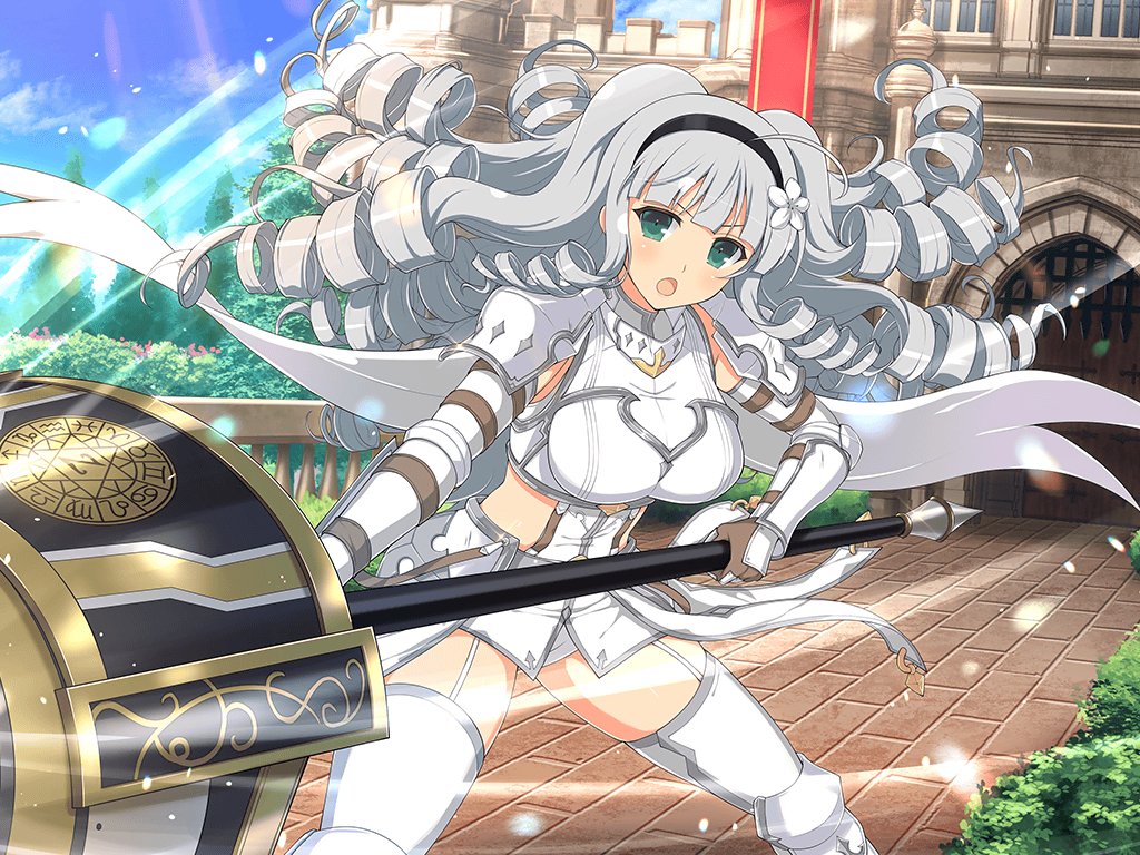 1girl ahoge aquarius_(symbol) aries_(symbol) armor attack banner black_hairband blue_sky blush breastplate breasts brick_floor bush cancer_(symbol) capricorn_(symbol) castle cleavage cloud cuirass day drill drill_hair faulds flower garter_straps gate gauntlets gemini_(symbol) ginrei_(senran_kagura) gorget greaves green_eyes grey_hair hair_flower hair_ornament hairband large_breasts leo_(symbol) libra_(symbol) long_hair open_mouth outdoors pauldrons pisces_(symbol) sagittarius_(symbol) scorpio_(symbol) senran_kagura senran_kagura_new_link senran_kagura_new_wave shoulder_armor sky smile solo standing taurus_(symbol) thighhighs tree virgo_(symbol) white_armor white_thighhighs yaegashi_nan zodiac