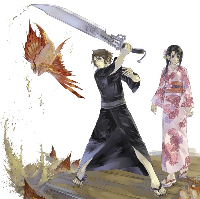 1boy 1girl alternate_costume alternate_hairstyle arm_above_head black_eyes black_hair black_kimono blue_eyes brown_hair chain commentary_request day dock final_fantasy final_fantasy_viii fish fishing floral_print floral_print_kimono full_body geta gunblade hair_ribbon hands_up hinokami holding holding_weapon japanese_clothes kimono looking_down open_mouth outdoors pink_kimono print_kimono red_sash ribbon rinoa_heartilly sash scar scar_on_face serious short_hair smile splashing squall_leonhart water weapon yukata