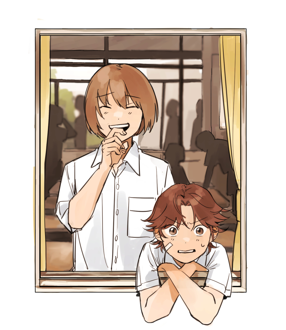 2boys :d ^_^ bandage_on_cheek border breast_pocket brown_eyes brown_hair classroom closed_eyes coincoinco collared_shirt crossed_wrists curtained_hair curtains from_outside fuji_shuusuke furrowed_brow hair_between_eyes kikumaru_eiji laughing leaning_out_of_window looking_at_viewer male_focus multiple_boys open_mouth outside_border parted_bangs people pocket school_uniform shirt short_hair smile sweatdrop tennis_no_ouji-sama v-shaped_eyebrows white_border wide-eyed