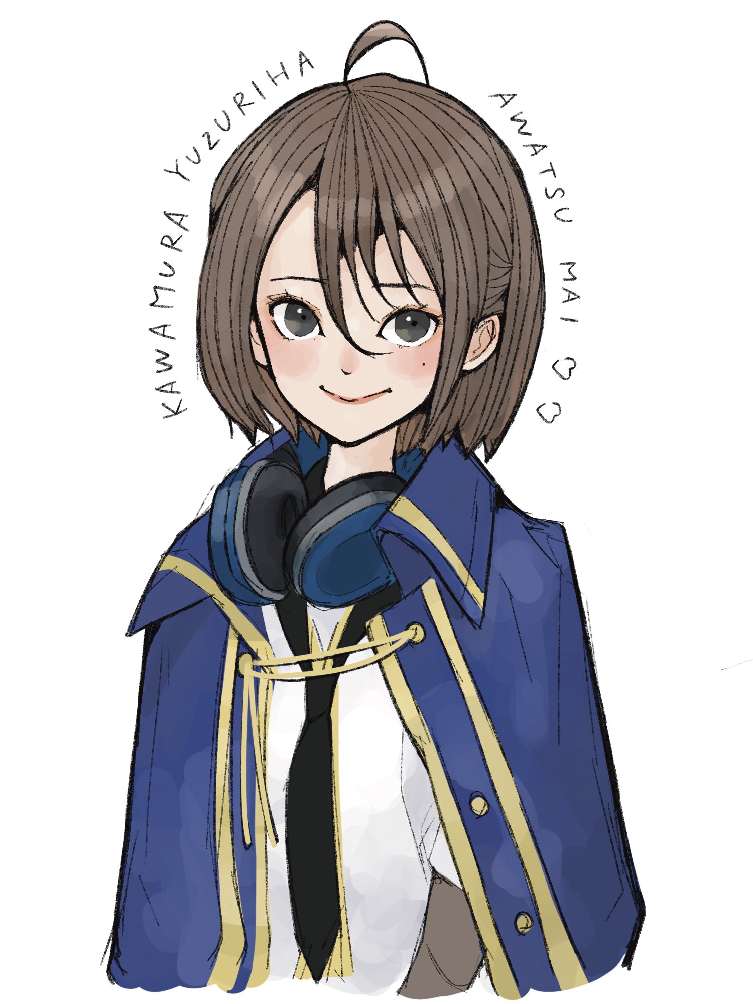 1girl ahoge arms_at_sides assault_lily awatsu_mai black_necktie blue_cloak brown_hair buttons character_name cloak closed_mouth cosplay cropped_torso grey_eyes hair_between_eyes headphones headphones_around_neck heart highres kawamura_yuzuriha kawamura_yuzuriha_(cosplay) layered_sleeves long_bangs long_sleeves looking_at_viewer loose_necktie mole mole_under_eye necktie odaiba_girls_high_school_uniform real_life sally_(allogkk) school_uniform shirt short_hair short_sleeves simple_background smile solo voice_actor_connection white_background white_shirt