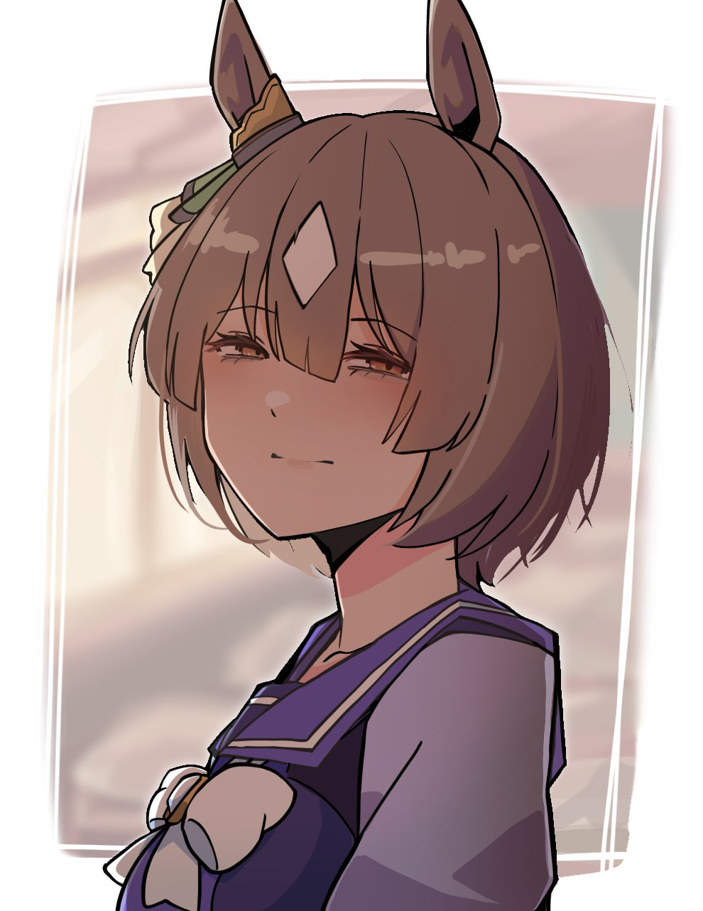 1girl alternate_hair_length alternate_hairstyle animal_ears bow closed_mouth ear_ornament ear_ribbon erica_hartmann eyelashes half-closed_eyes highres horse_girl kawamochi_(tddm3573) lifting_another&#039;s_clothes light_smile looking_at_viewer multicolored_hair orange_eyes purple_sailor_collar purple_shirt sailor_collar satono_diamond_(umamusume) school_uniform shirt short_hair solo streaked_hair tracen_school_uniform umamusume white_bow white_hair wolf_ears