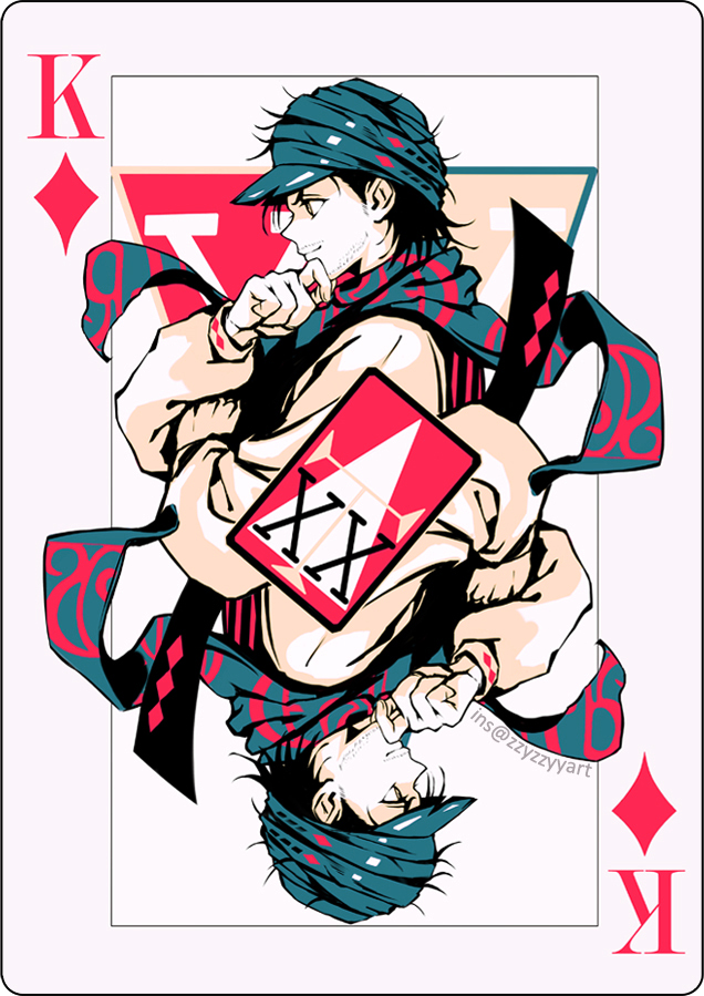 1boy black_hair brown_eyes card card_(medium) closed_mouth commentary diamond_(shape) english_commentary facial_hair floating_scarf ging_freecss green_headwear green_scarf hand_on_own_chin hand_up hunter_x_hunter instagram_username king_(playing_card) king_of_diamonds long_sleeves male_focus multiple_views playing_card scarf short_hair smile stroking_own_chin symmetry tabard turban upside-down watermark zzyzzyy