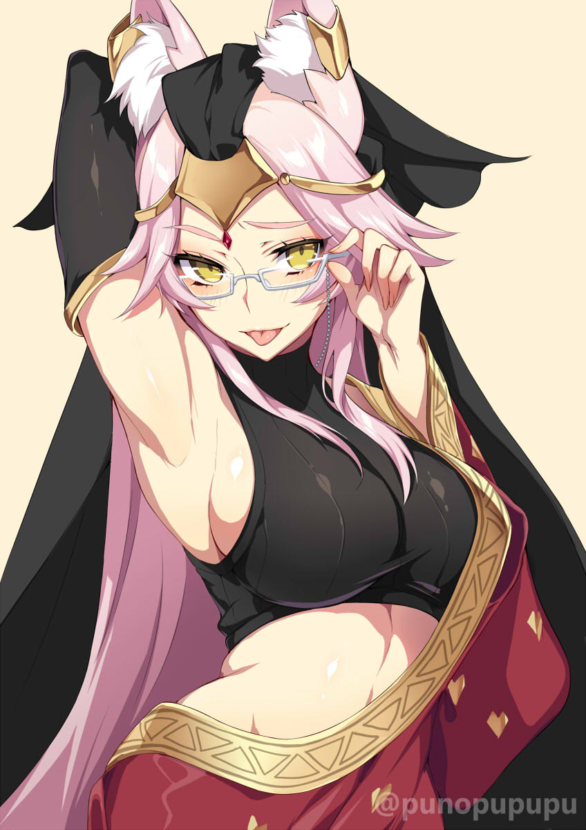 1girl adjusting_eyewear animal_ear_fluff animal_ears arm_behind_head armpits blush breasts detached_sleeves fate/grand_order fate_(series) female_focus fox_ears fox_girl glasses grey-framed_eyewear highres indian_clothes indian_style koyanskaya_(fate) koyanskaya_(indian_lostbelt_outfit)_(fate) large_breasts long_hair looking_at_viewer pink_hair presenting_armpit puuzaki_puuna semi-rimless_eyewear sitting smile solo tongue tongue_out twitter_username very_long_hair wide_sleeves yellow_eyes