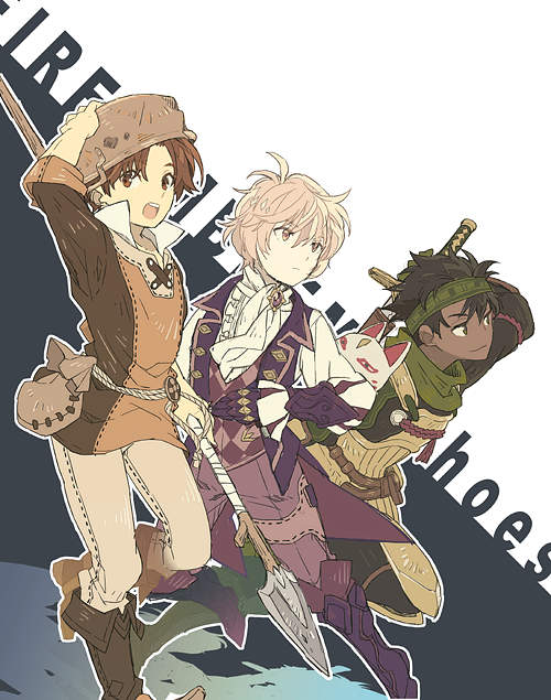 3boys alternate_costume armor bad_id bad_pixiv_id black_hair boots brown_eyes brown_hair copyright_name dark_skin dark-skinned_male fire_emblem fire_emblem_awakening fire_emblem_echoes:_shadows_of_valentia fire_emblem_fates gloves gray_(fire_emblem) grey_hair headband helmet kliff_(fire_emblem) male_focus multiple_boys nintendo open_mouth polearm spear sword teeth tobin_(fire_emblem) weapon