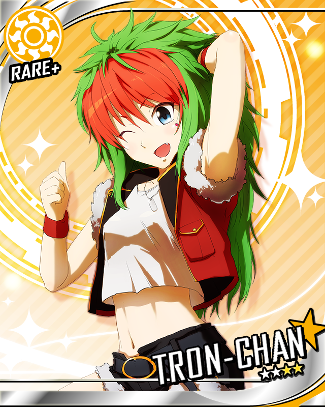 1girl ;d belt blue_eyes card_(medium) card_parody cinderella_girls_card_parody coat denim denim_shorts fang green_hair gundam long_hair midriff multicolored_hair nakano_haito navel one_eye_closed open_mouth red_hair sd_command_chronicles sd_gundam shorts sleeveless sleeveless_coat smile sun_symbol tank_top thumbs_up tron_(sd_gundam) two-tone_hair wristband