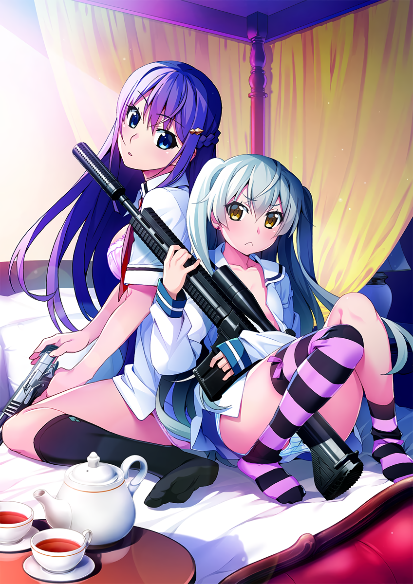 2girls asymmetrical_legwear black_socks blue_eyes braid cup earrings french_braid fukami_rena grisaia_(series) grisaia_phantom_trigger gun handgun highres holding holding_gun holding_weapon jewelry kneehighs long_hair long_sleeves looking_at_viewer multiple_girls no_pants official_art on_bed open_clothes open_shirt panties pink_panties pistol purple_hair ribbon scope shishigaya_touka short_sleeves silver_hair sitting socks striped_clothes striped_panties stud_earrings table tea teacup teapot two_side_up underwear uneven_legwear watanabe_akio weapon yellow_eyes