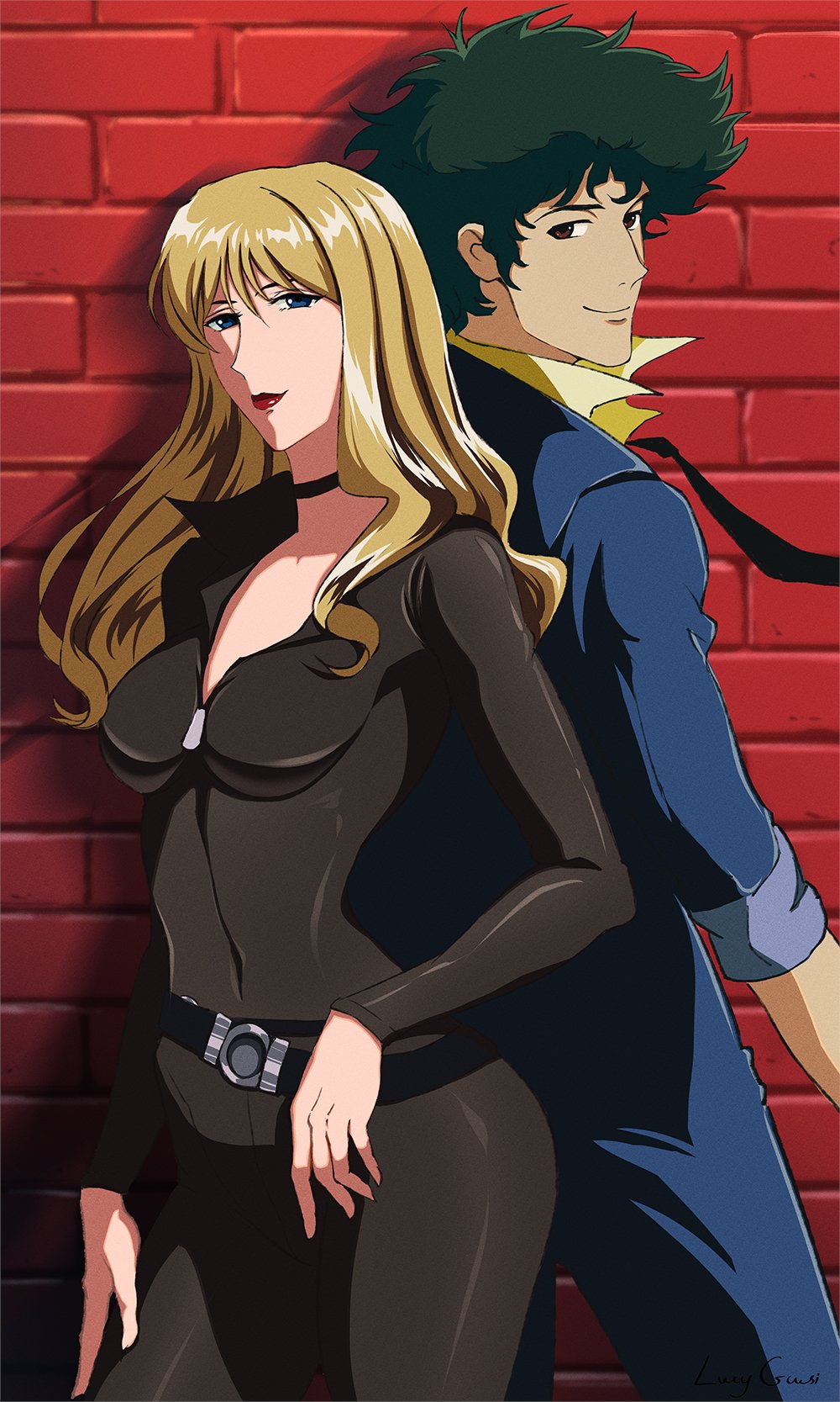 belt blonde_hair blue_eyes brown_eyes catsuit couple cowboy_bebop curly_hair formal_clothes green_hair highres julia_(cowboy_bebop) leather lucy_guusi lucyguusi necktie spike_spiegel spikes suit
