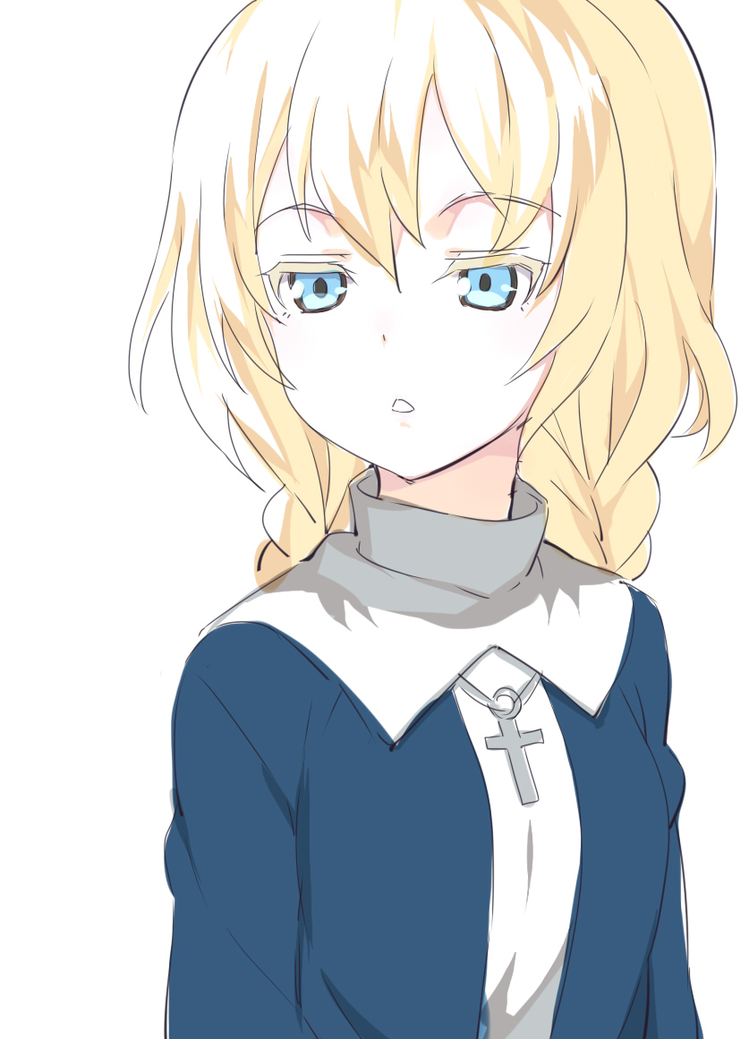 1girl blonde_hair blue_dress blue_eyes braid character_request collar copyright_request cross cross_necklace dress jewelry long_hair long_sleeves looking_at_viewer necklace nun open_mouth shin&#039;ya_(shin&#039;yanchi) simple_background solo twin_braids upper_body white_background white_collar