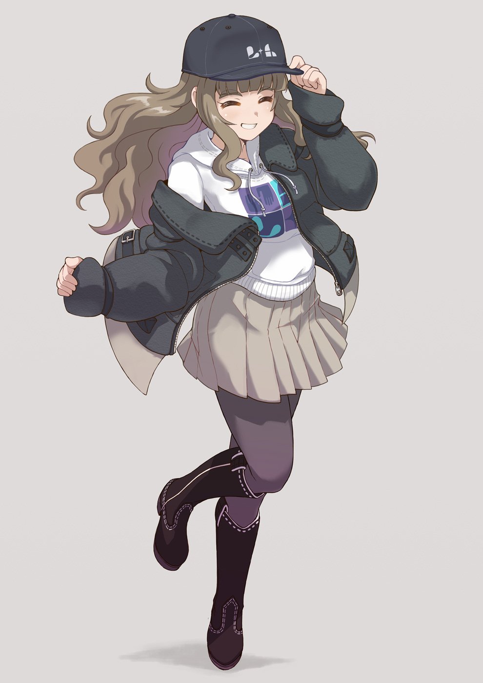 1girl adjusting_clothes adjusting_headwear black_boots black_headwear blunt_bangs blush boots breasts brown_boots brown_hair closed_eyes cup full_body grey_background grey_jacket grey_skirt grin highres hood hoodie idolmaster idolmaster_cinderella_girls idolmaster_cinderella_girls_starlight_stage jacket kamiya_nao knee_boots long_hair long_sleeves medium_breasts open_clothes open_jacket pantyhose pleated_skirt purple_pantyhose satomura_kyou simple_background single_off_shoulder skirt sleeves_past_wrists smile solo standing standing_on_one_leg thick_eyebrows white_hoodie
