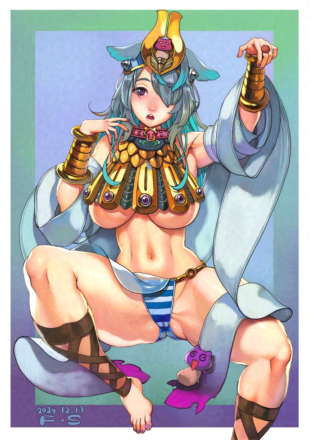 1girl ancient_egyptian ancient_egyptian_clothes ancient_princess_menace armpits ass blue_hair blue_panties blush breasts cameltoe commentary_request cosplay crown f.s. gluteal_fold highres jewelry kneeling large_breasts menace_(queen&#039;s_blade) menace_(queen&#039;s_blade)_(cosplay) navel o-ring o-ring_bottom panties queen&#039;s_blade revealing_clothes short_hair solo spread_legs striped_clothes striped_panties thighs underboob underwear virtual_youtuber