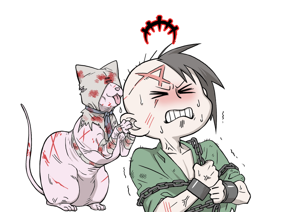 abomination_(darkest_dungeon) affliction_(darkest_dungeon) alternate_costume anger_vein cat chain chained darkest_dungeon green_shirt hood licking shirt short_hair trembling varamill