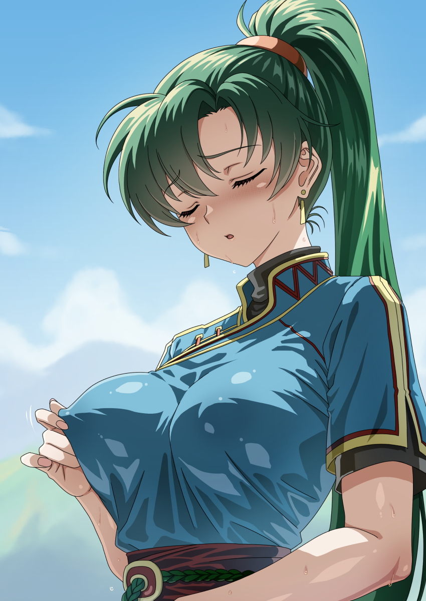 1girl blue_sky blush breasts closed_eyes covered_erect_nipples earrings female_masturbation fire_emblem fire_emblem:_the_blazing_blade green_hair high_ponytail highres jewelry large_breasts long_hair lyn_(fire_emblem) masturbation nintendo nipple_stimulation nipple_tweak parted_lips ponytail sky solo syunzou upper_body