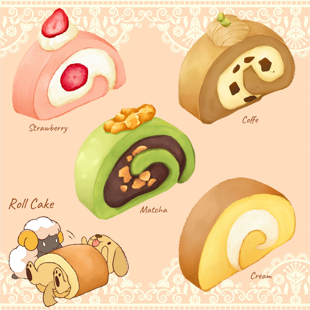 0_0 :3 animal black_eyes cake chibi chibi_inset closed_mouth cream cross-section dessert dog_(yuki00yo) english_text food food_focus food_name fruit happy in_food lying no_humans on_back orange_background original pawpads sheep_(yuki00yo) smile solid_oval_eyes strawberry swiss_roll tongue tongue_out walnut white_eyes yuki00yo