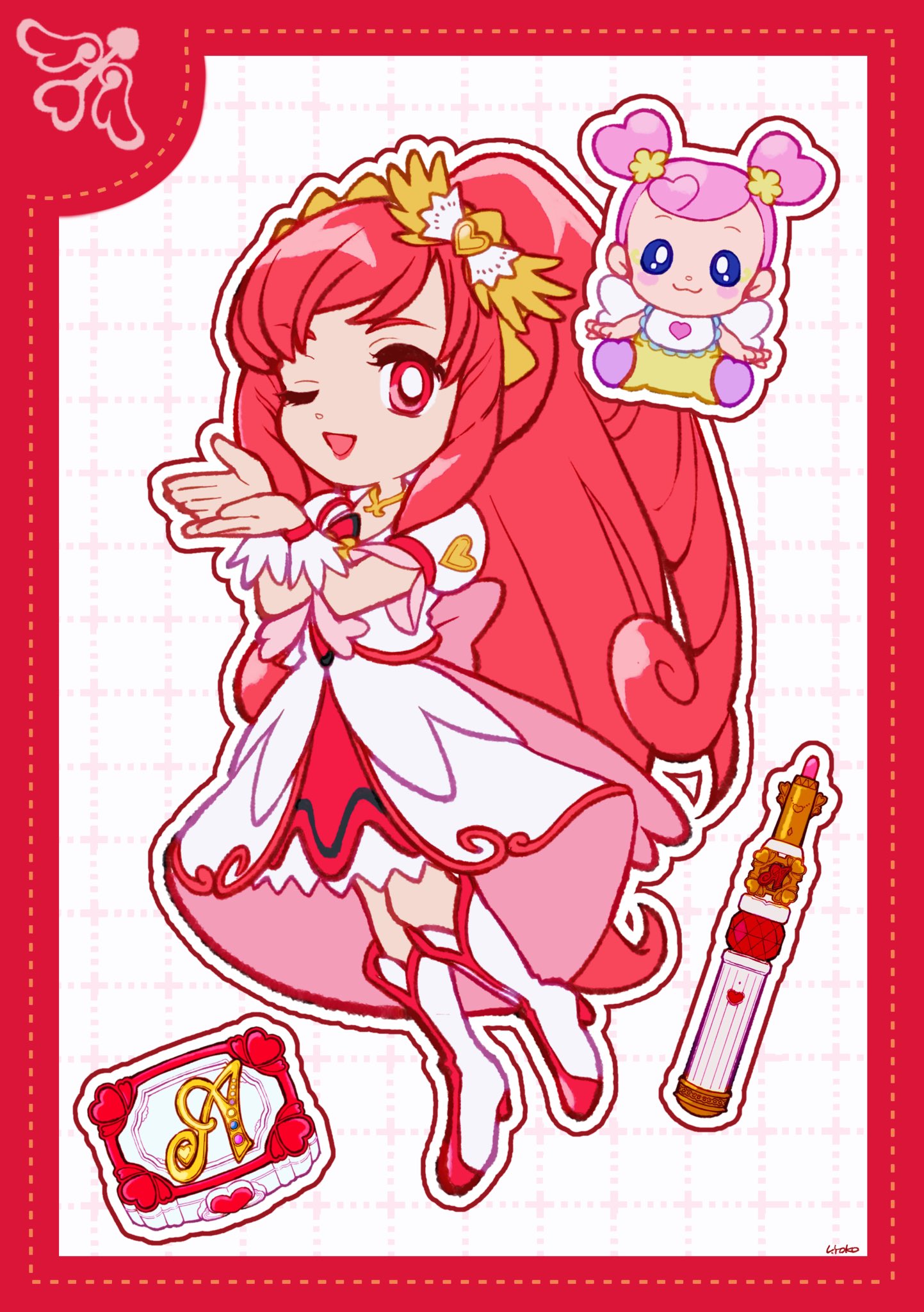 2girls ai-chan_(dokidoki!_precure) baby back_bow boots border bow cosmetics cure_ace curly_hair deformed dokidoki!_precure dot_nose dotted_line dress eyelashes frilled_dress frills full_body grid_background hair_bow hair_ornament hairband happy heart heart_hair_ornament heart_print high_heel_boots high_heels highres knee_boots lace-trimmed_hairband lace_trim layered_dress lipstick lipstick_tube long_hair looking_at_viewer madoka_aguri magical_girl makeup makeup_palette medium_dress multiple_girls one_eye_closed open_mouth outline outstretched_hand own_hands_together pink_bow ponytail precure puffy_short_sleeves puffy_sleeves red_border red_dress red_eyes red_hair red_lips short_sleeves signature smile tareme uwded_207 very_long_hair white_background white_boots white_dress white_outline yellow_bow yellow_hairband