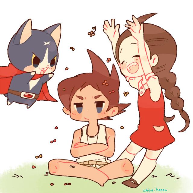 10s 1boy 1girl amano_yukiko_(youkai_watch) barefoot blush brown_hair cape cat chiyoko_(oman1229) closed_eyes fuyunyan grass keizou long_hair open_mouth red_cape scar short_hair simple_background sitting traditional_youkai twitter_username youkai_watch youkai_watch_2