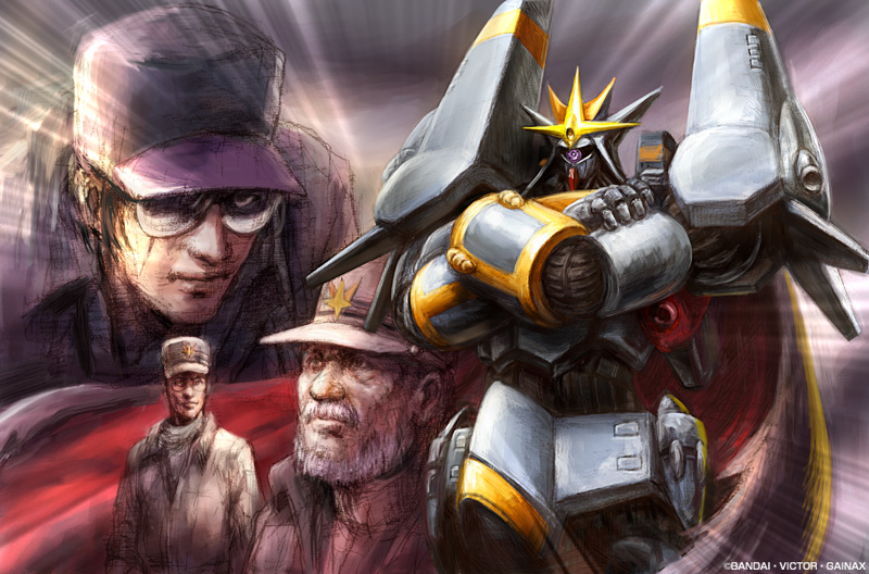1980s_(style) 3boys coach epic gainaxtop glasses gunbuster hat koichiro_ohta male_focus mecha military military_uniform multiple_boys oldschool oota_kouichirou realistic retro_artstyle robot scar science_fiction sunglasses super_robot tashiro_tatsumi top_wo_nerae! top_wo_nerae!_(series) xo