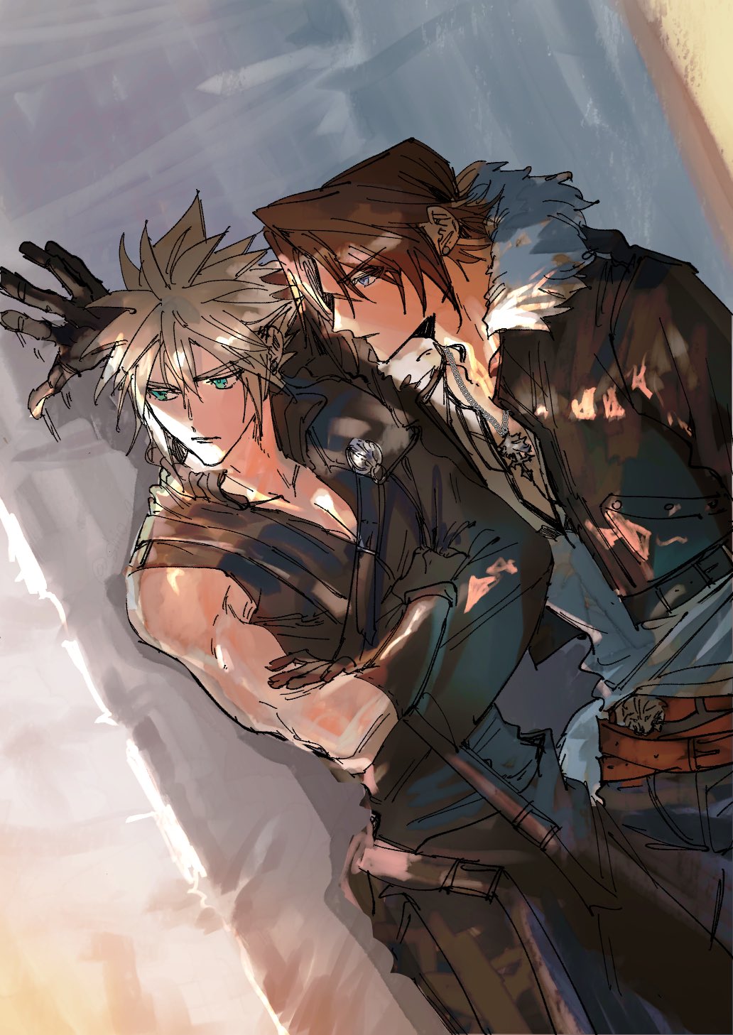 2boys aqua_eyes armor belt belt_buckle black_cape black_jacket black_pants black_sleeves black_vest blonde_hair blue_eyes brown_belt brown_hair buckle cape chain chain_necklace cloud_strife cropped_jacket crossed_arms earrings final_fantasy final_fantasy_vii final_fantasy_vii_advent_children final_fantasy_viii fur-trimmed_jacket fur_trim hair_between_eyes highres jacket jewelry male_focus multiple_belts multiple_boys necklace pants parted_bangs scar scar_on_face scar_on_forehead shio_ga shirt short_hair shoulder_armor single_bare_shoulder single_earring single_shoulder_pad single_sleeve spiked_hair squall_leonhart vest waist_cape white_fur white_shirt