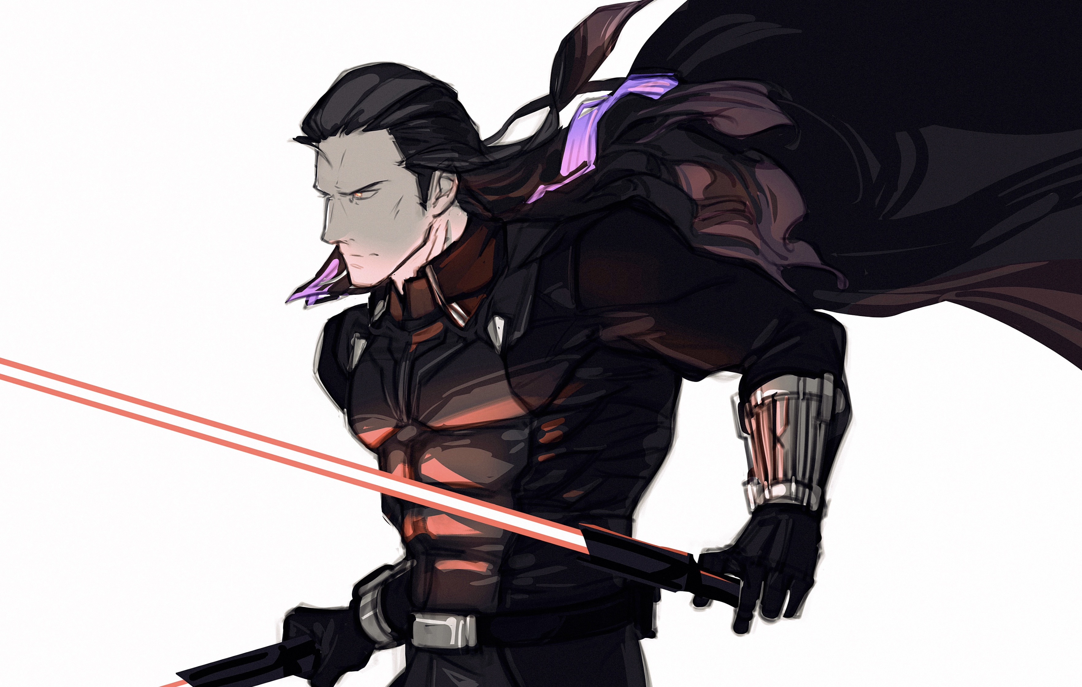 1boy absurdres black_bodysuit black_cape black_hair bodysuit cape energy_sword fate/grand_order fate_(series) highres holding holding_sword holding_weapon lightsaber long_hair male_focus nikola_tesla_(fate) profile red_lightsaber simple_background sith star_wars sword upper_body viscontiapclyps weapon white_background yellow_eyes